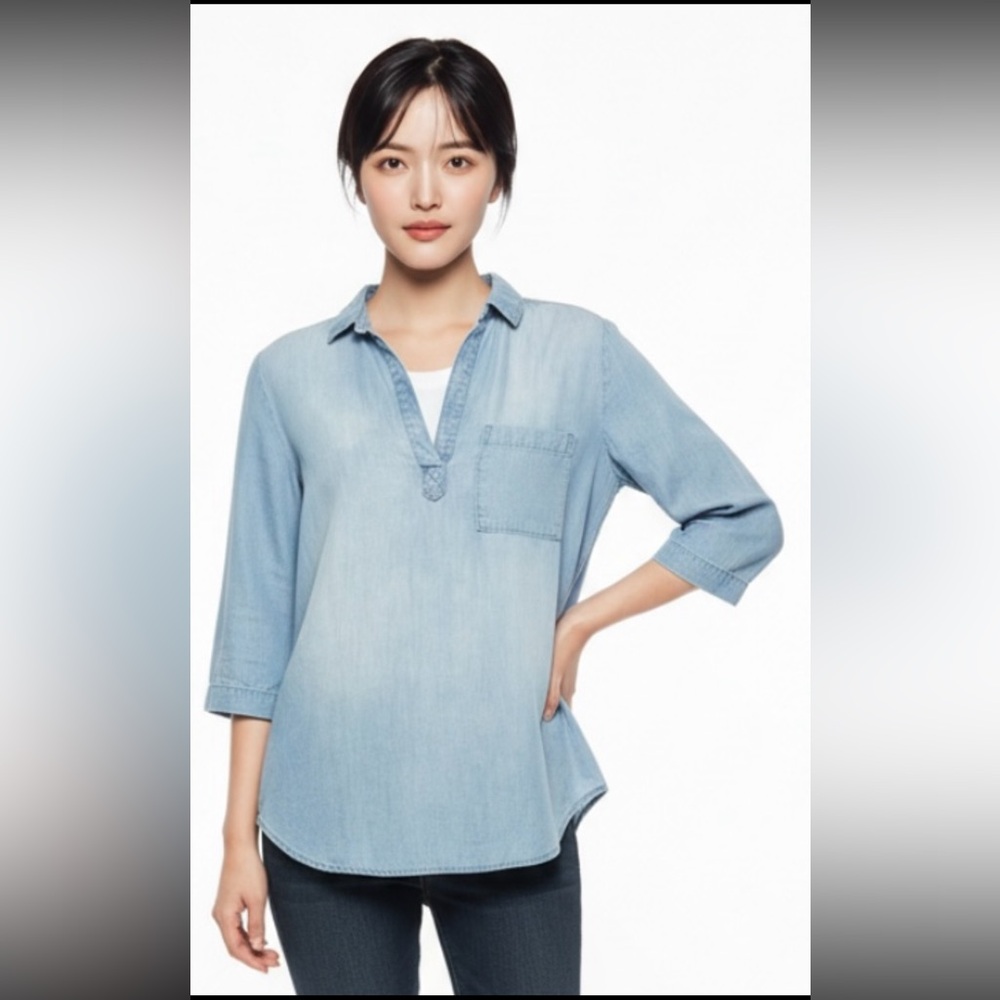 CLOTH & STONE Chambray V Neckline Shirt Blouse Top Blue Popover Collar XS